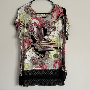 Cato Black, Lime Green, Hot Pink Paisley Print Lace Hem Short Sleeve Shirt